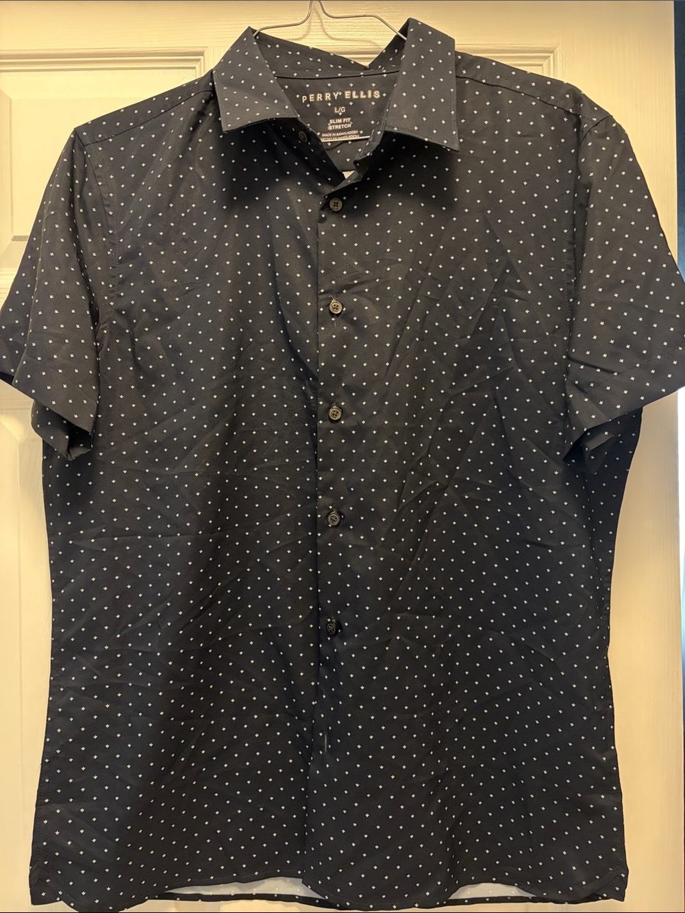 Perry Ellis Navy Short-Sleeve Button-Down with White Dot Print